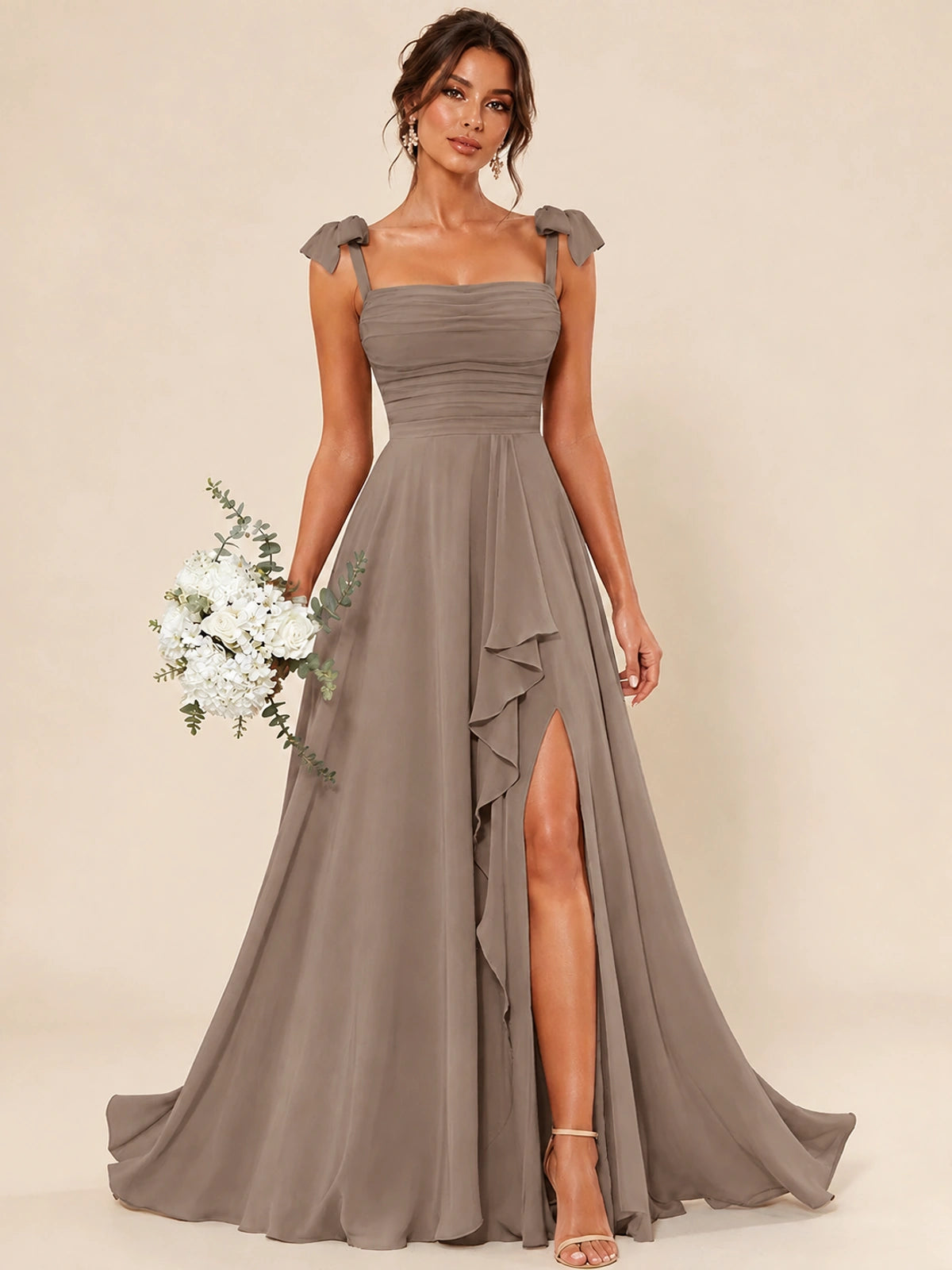 Ruffle Slit Chiffon A Line Scoop Neck Bridesmaid Dresses with Pockets
