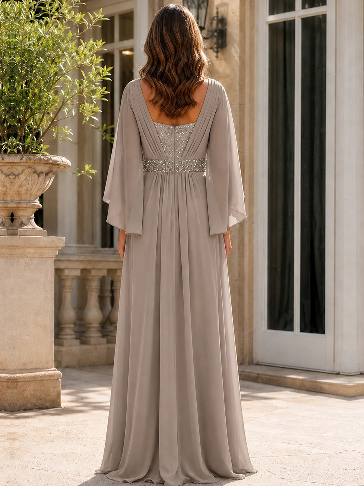 Elegant V-Neck Sequined Chiffon Mother of the Bride Dress with Flutter Sleeves