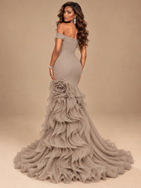 Dusty Blue Off-the-Shoulder Mermaid Prom Dress with 3D Rose & Ruffles