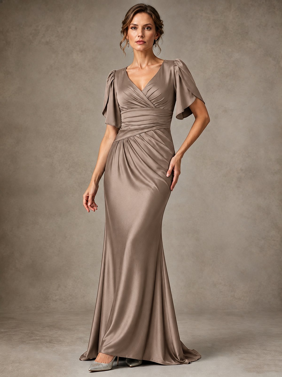 V-Neck Satin Mother of the Bride Dress with Flutter Sleeves