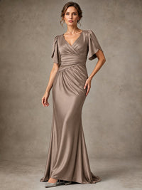 V-Neck Satin Mother of the Bride Dress with Flutter Sleeves