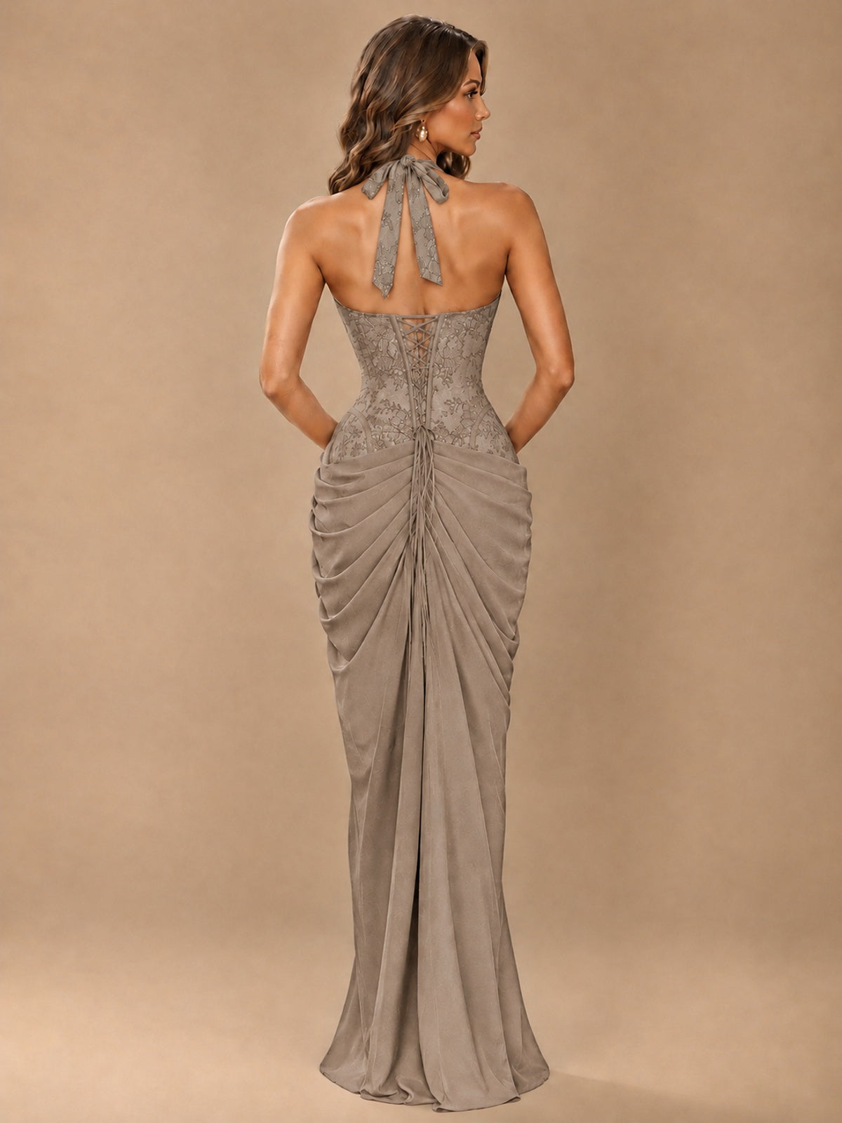 Sweetheart Halter Prom Dress Pleated Lace Floral Formal Dress with Slit