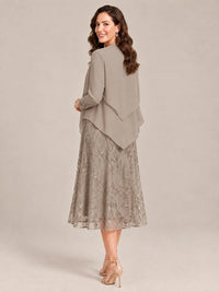 Tea Length Sequin Lace Mother of the Bride Dress with Chiffon Jacket