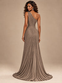Burgundy One Shoulder Ruched Prom Dress with High Slit & Beaded Waist