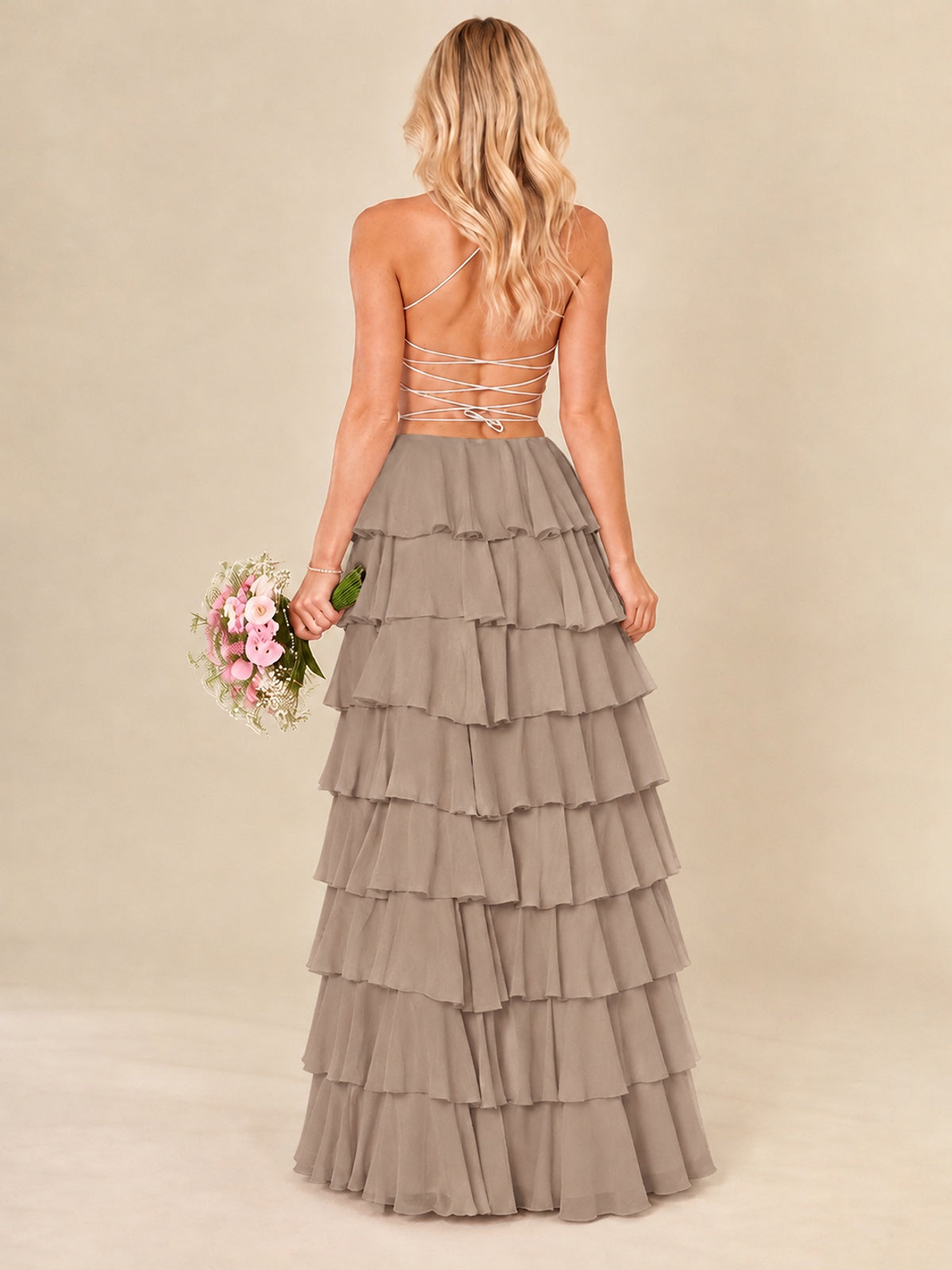 Ruffled Tiered Chiffon Prom Dress Spaghetti Straps Formal Maxi Dress with Slit