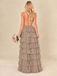 Ruffled Tiered Chiffon Prom Dress Spaghetti Straps Formal Maxi Dress with Slit