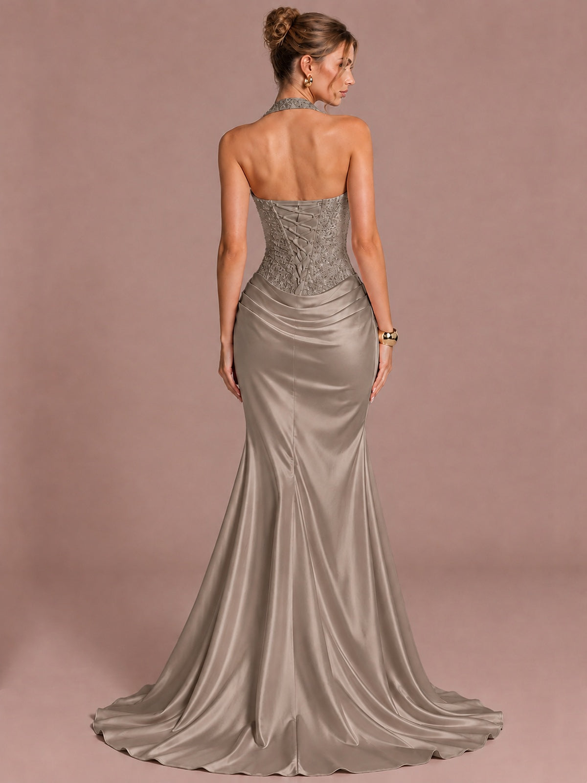 Sparkling Halter Corset Satin Mermaid Prom Dress
