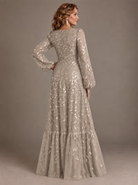 Floral Sequin Embroidered A-Line Mother of the Bride Dress with Long Sleeves