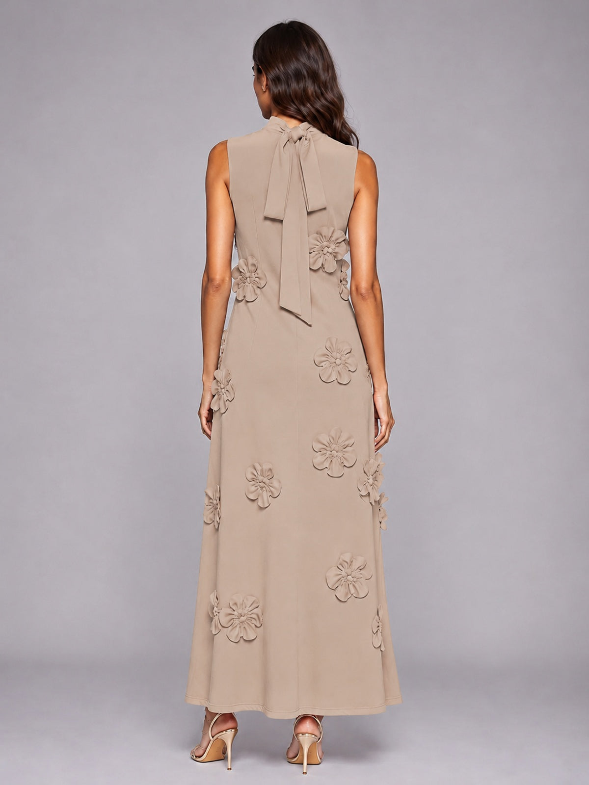 3D Floral Applique High Neck Prom Maxi Dress