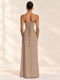 Square Neck Satin Sleeveless Ruched Prom Dress with High Slit