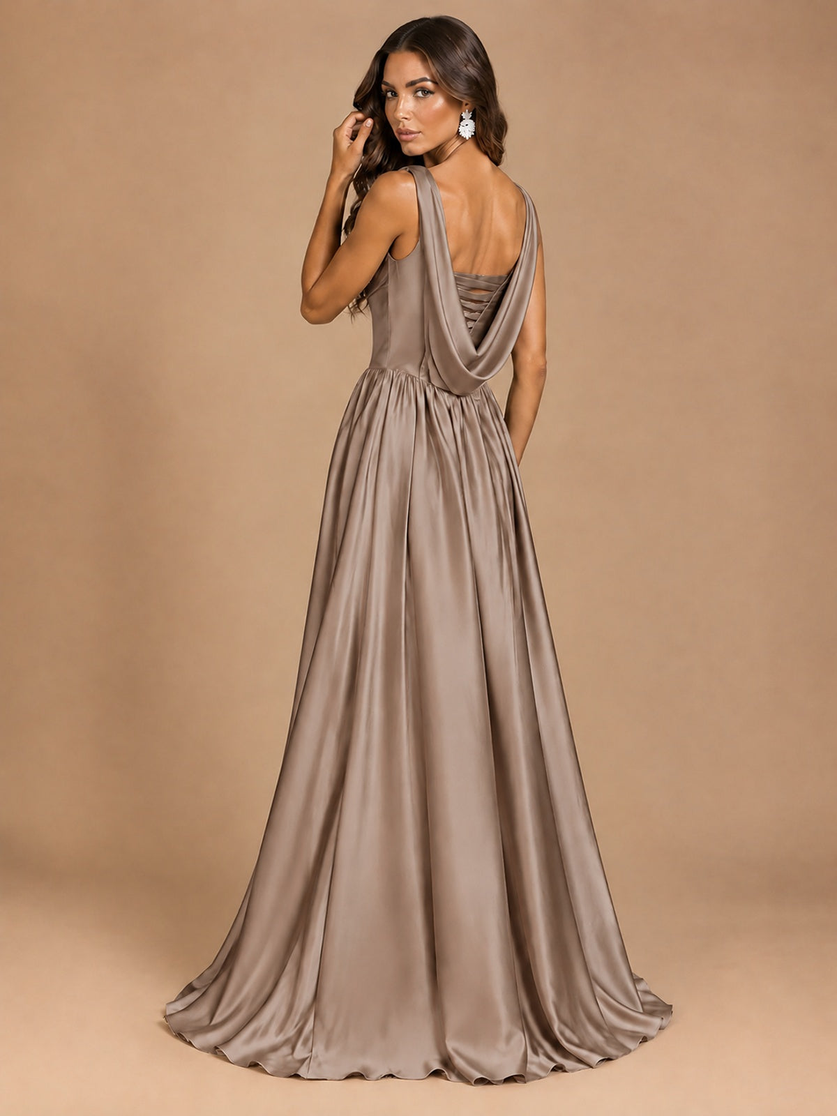 Cowl Neck Pleated Satin Prom Dress with Pockets & Slit Maxi Formal Gowns
