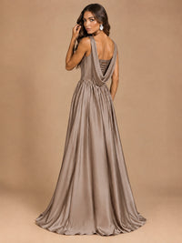 Cowl Neck Pleated Satin Prom Dress with Pockets & Slit Maxi Formal Gowns