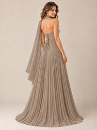 Sweetheart Neckline Pleated Prom Dress Strapless A-line Formal Dress with Flowy Scarf