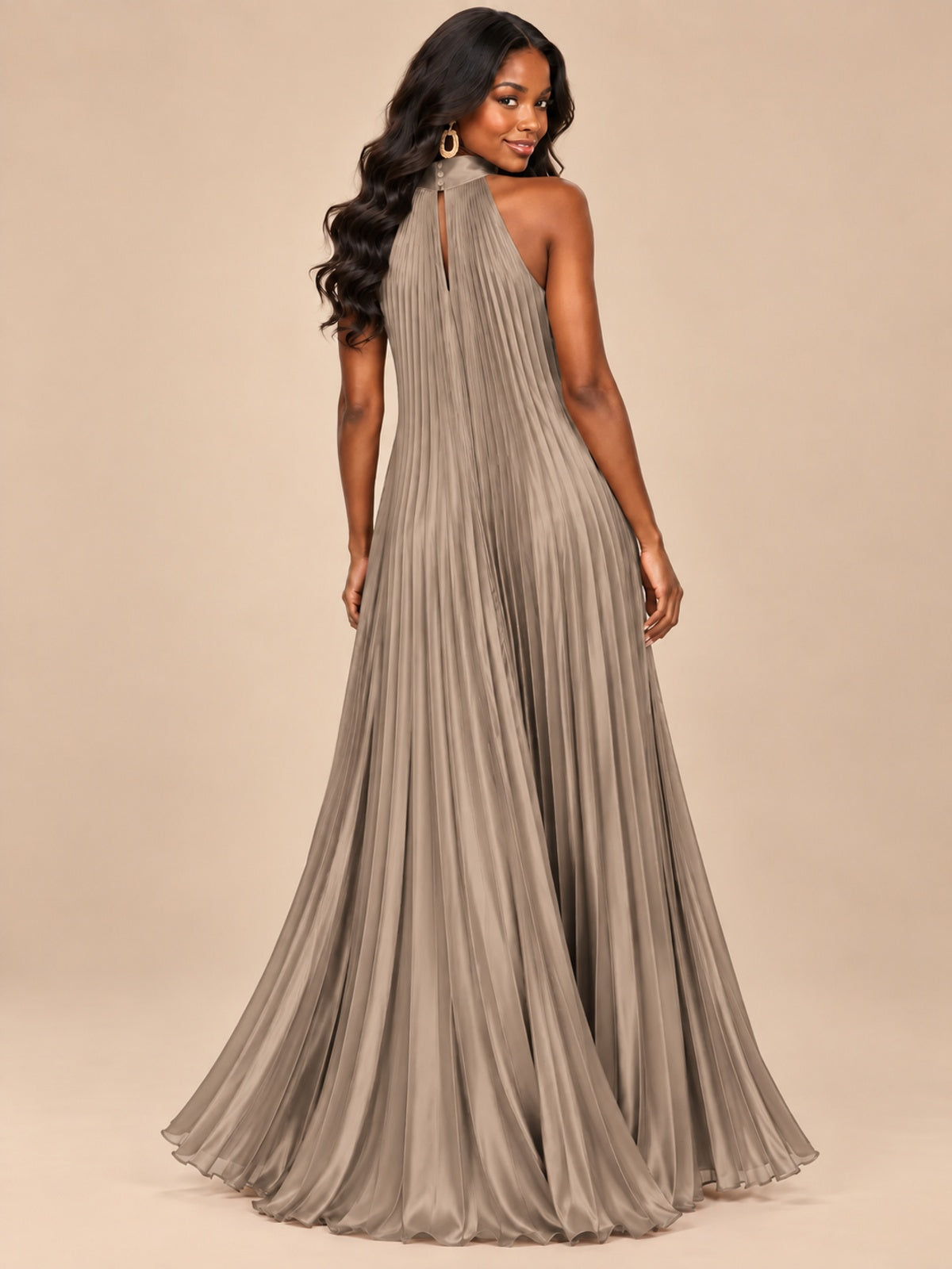 Rust Orange Pleated Halter Neck Maxi Dress