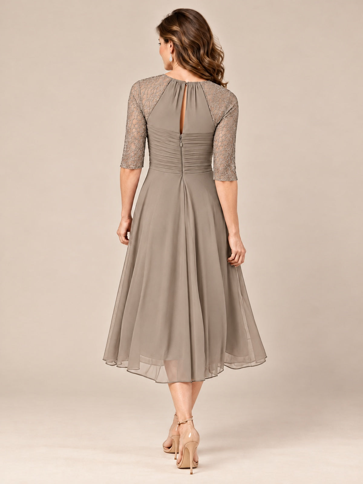 Tea-Length Mother of the Bride Dress with Lace 3/4 Sleeves