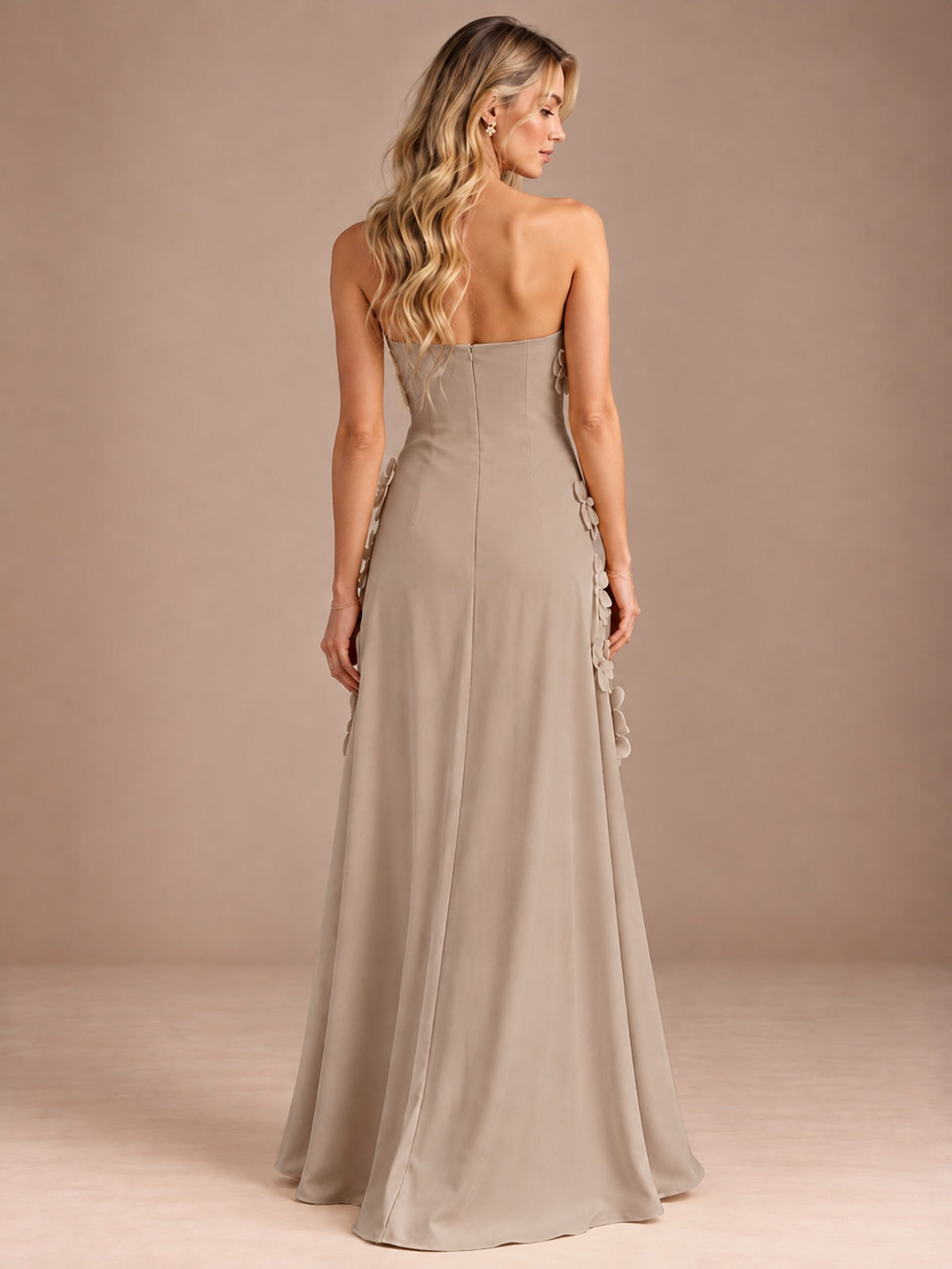 Yellow Strapless A-line Satin Maxi Dress with 3D Floral