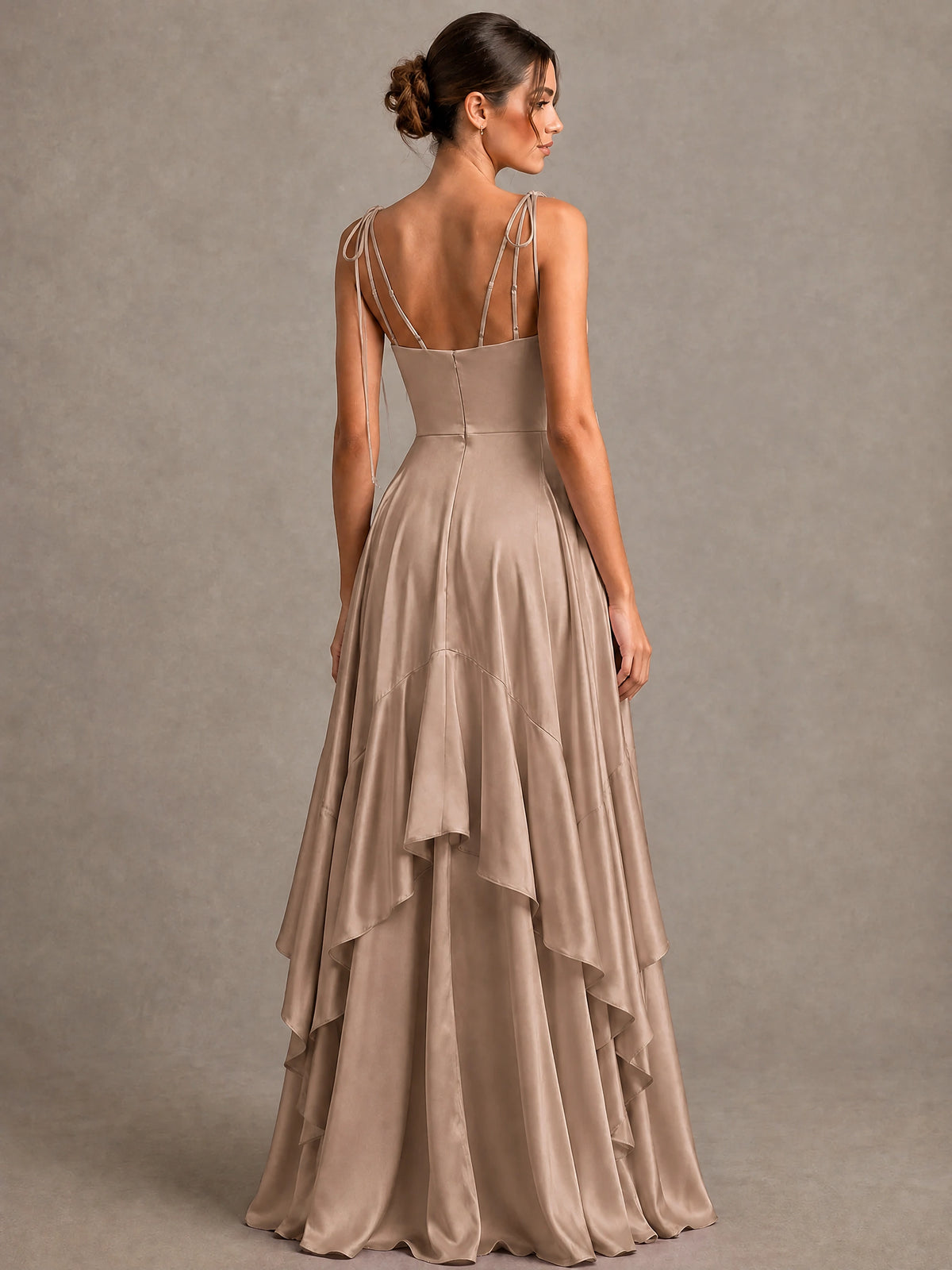 Lavender Satin V-Neck Ruffle Maxi Dress