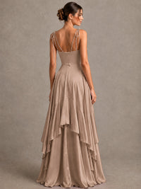 Lavender Satin V-Neck Ruffle Maxi Dress