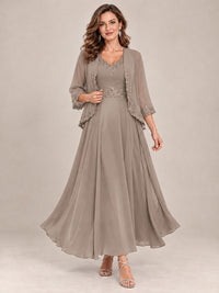 Dusty Blue Floral Lace Chiffon Mother of the Bride Dress with Jacket