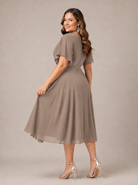 Navy Blue A-Line V-Neck Tea-Length Mother of the Bride Dress