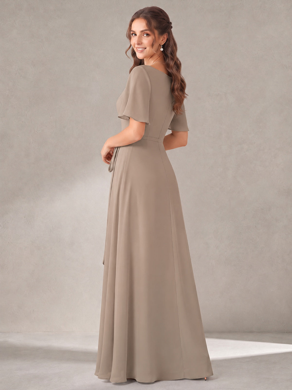 Scoop Neck A-line Chiffon Bridesmaid Dress with Flutter Sleeve & Belt