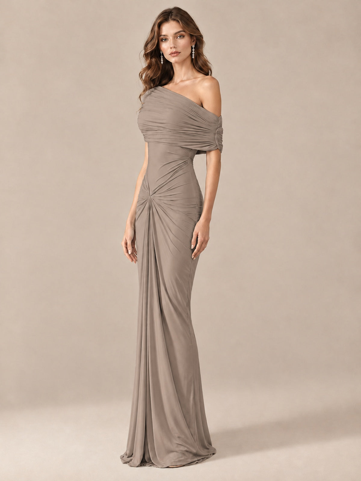 Elegant Draped Off Shoulder Ruched Mermaid Chiffon Formal Evening Gown
