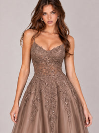 Lace Applique Satin A-Line Prom Dress with Sheer Bodice