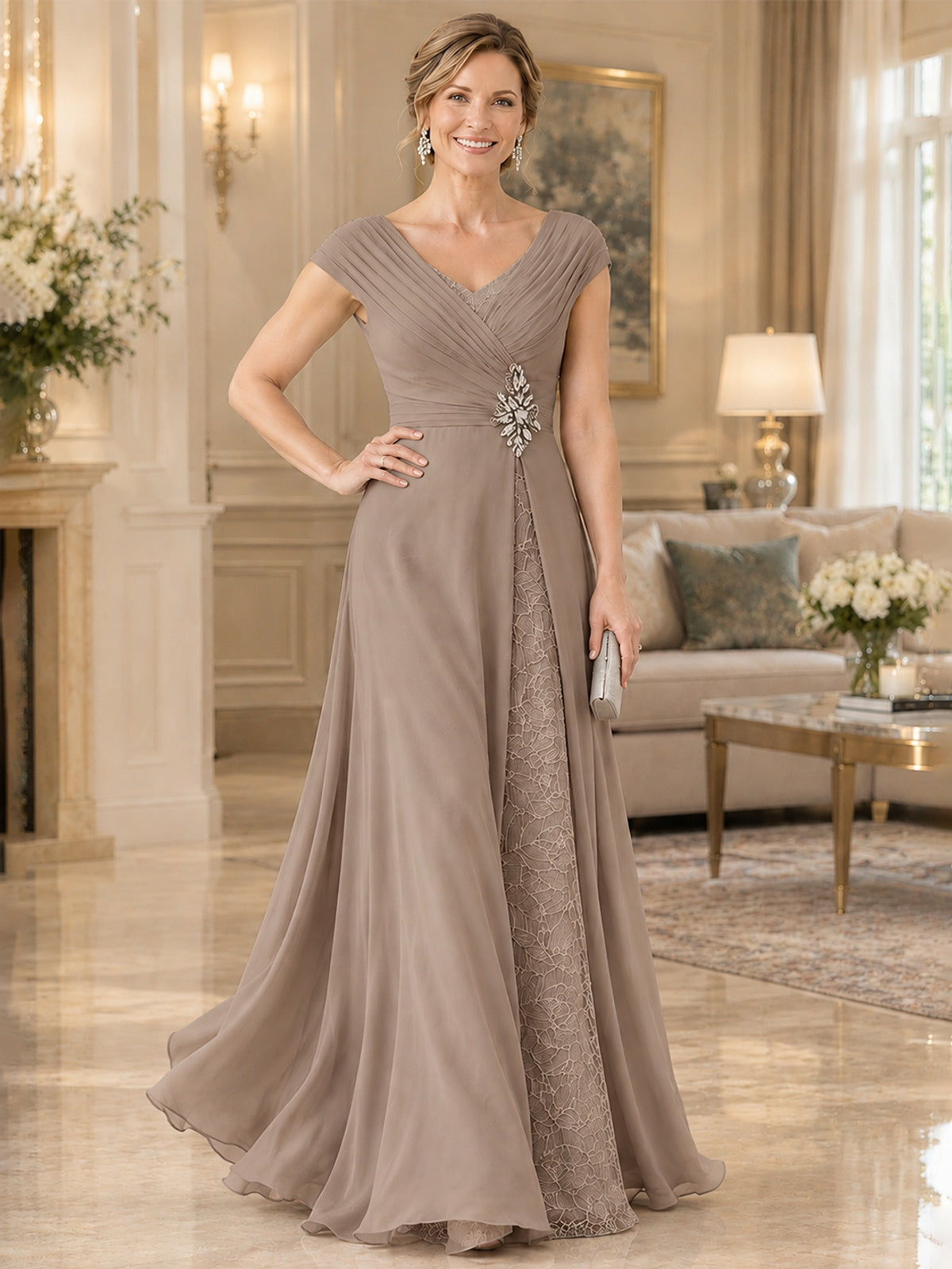Pleated Chiffon Lace Mother of The Bride Dresses with Beading Cap Sleeves