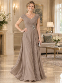 Pleated Chiffon Lace Mother of The Bride Dresses with Beading Cap Sleeves