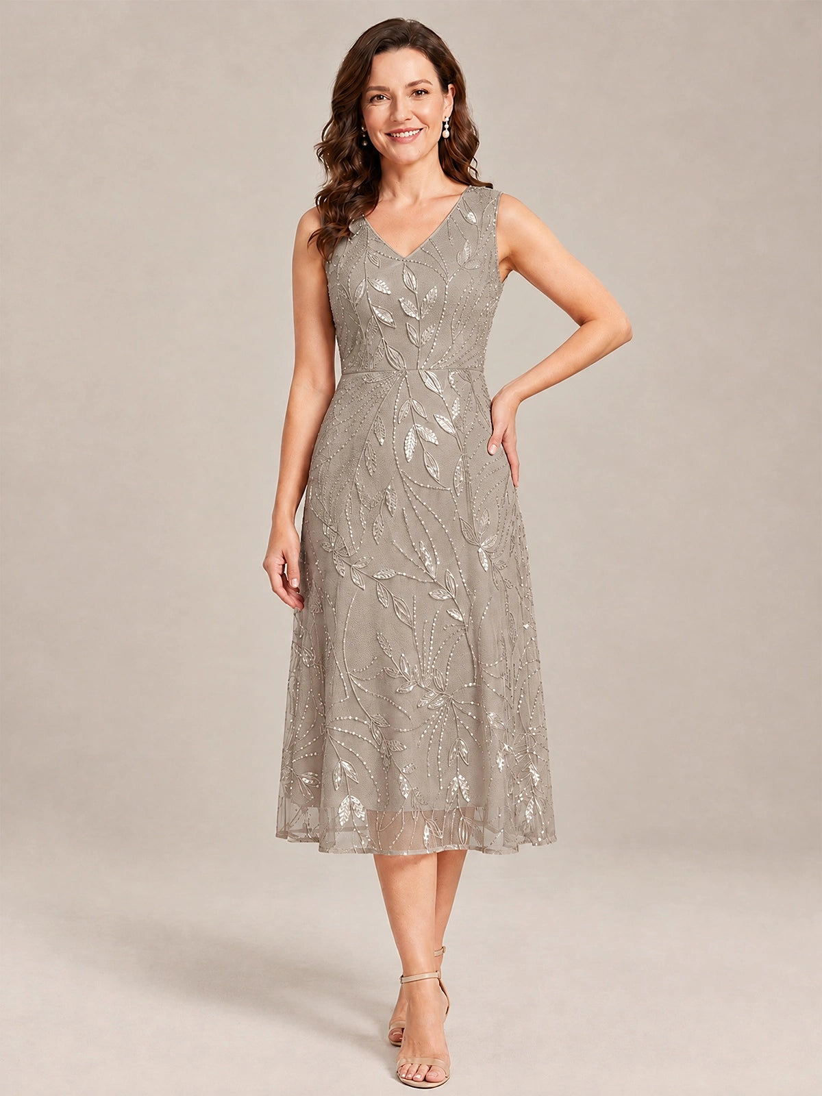 Tea Length Sequin Lace Mother of the Bride Dress with Chiffon Jacket