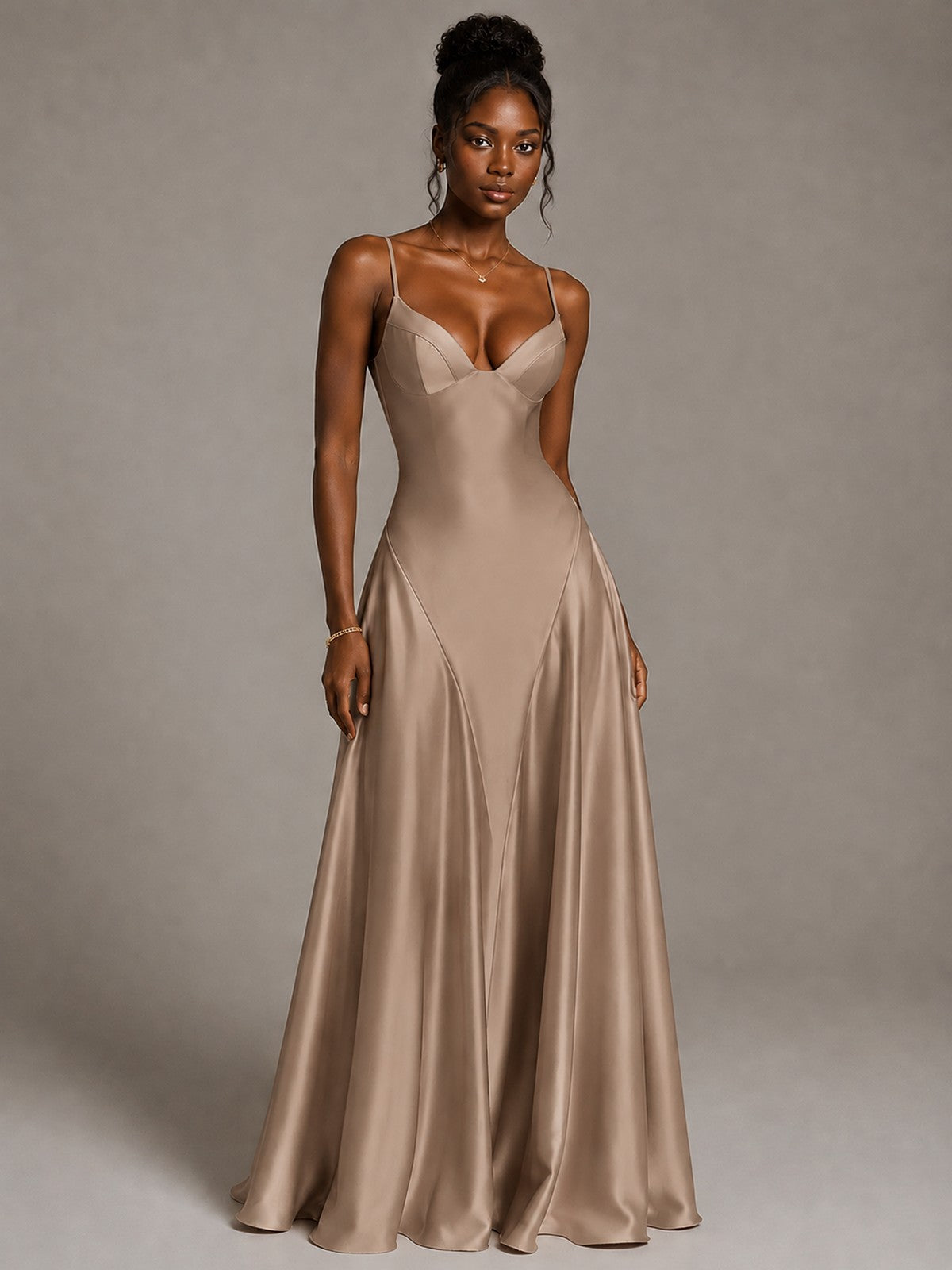 Lavender V Neck Satin Prom Dress with Spaghetti Straps