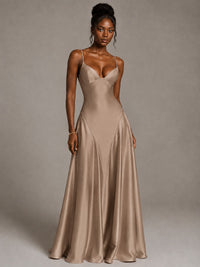 Lavender V Neck Satin Prom Dress with Spaghetti Straps