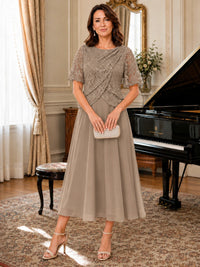 Tea-Length Chiffon Mother of the Bride Dress with Sequin Lace Sleeves