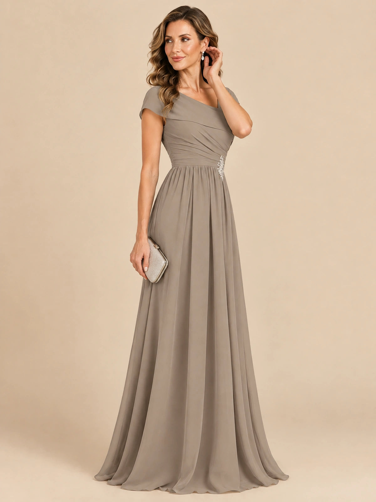 Cap Sleeve Mother of The Bride Dresses Long Chiffon Formal Gowns