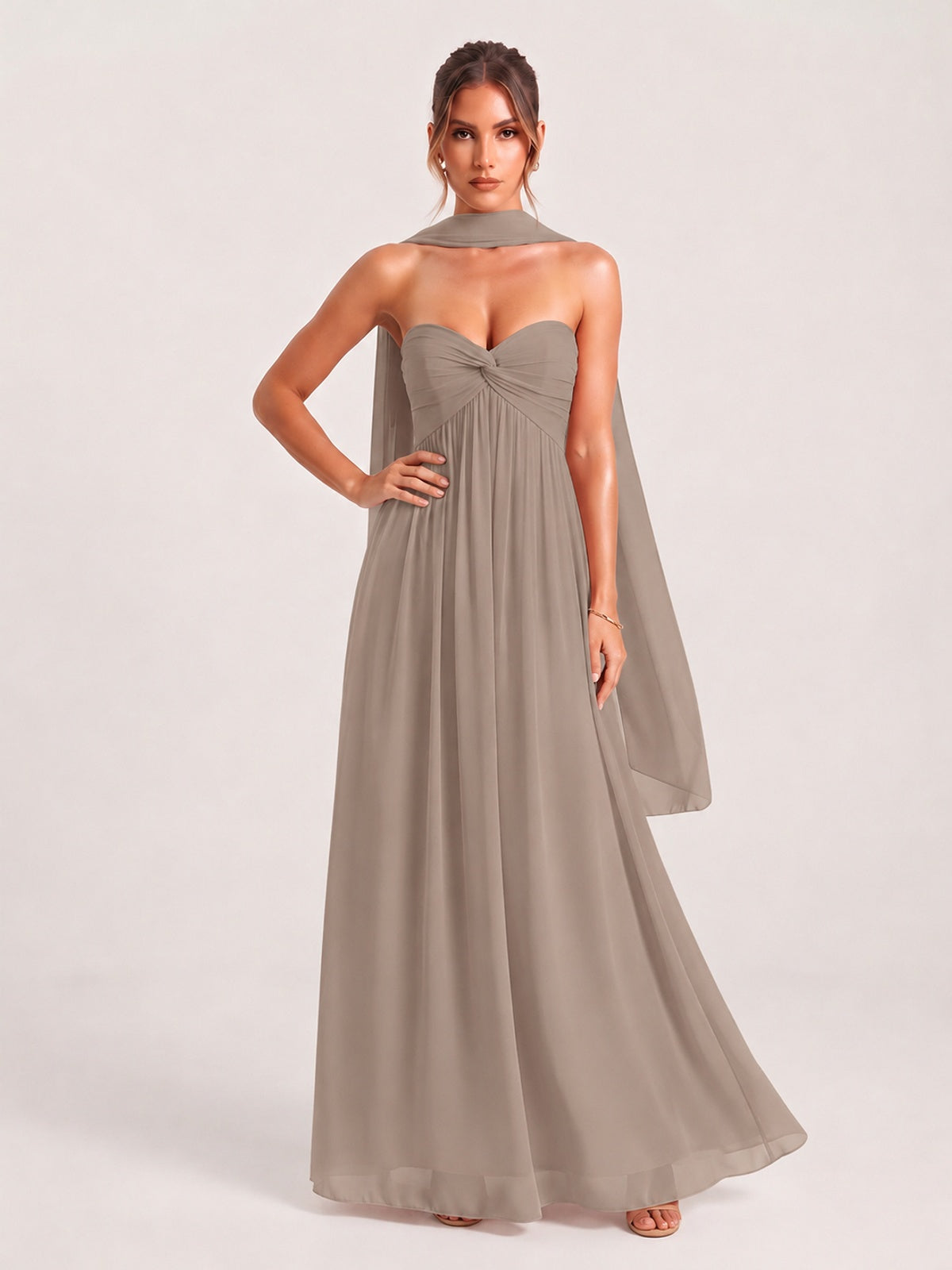 Strapless Ruched Chiffon Long Prom Dress with Scarf