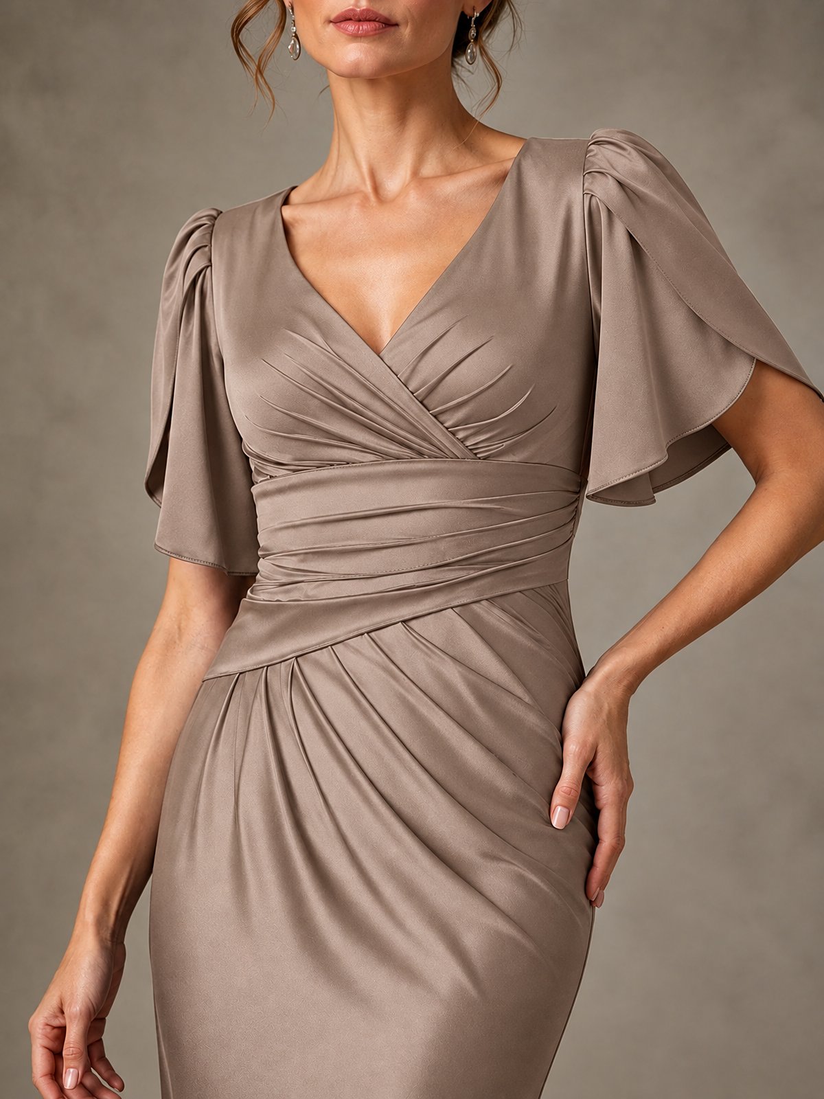 V-Neck Satin Mother of the Bride Dress with Flutter Sleeves
