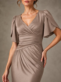 V-Neck Satin Mother of the Bride Dress with Flutter Sleeves