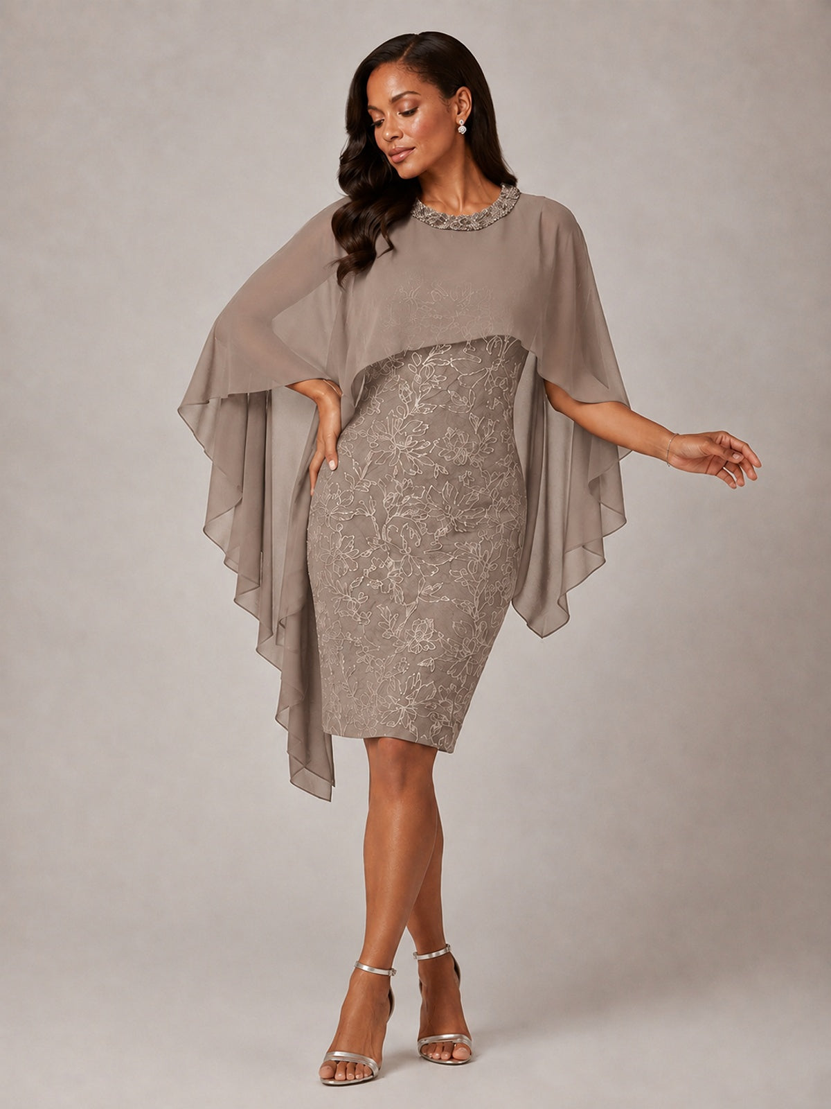 Floral Sheath Mother of the Bride Dress with Cape Overlay