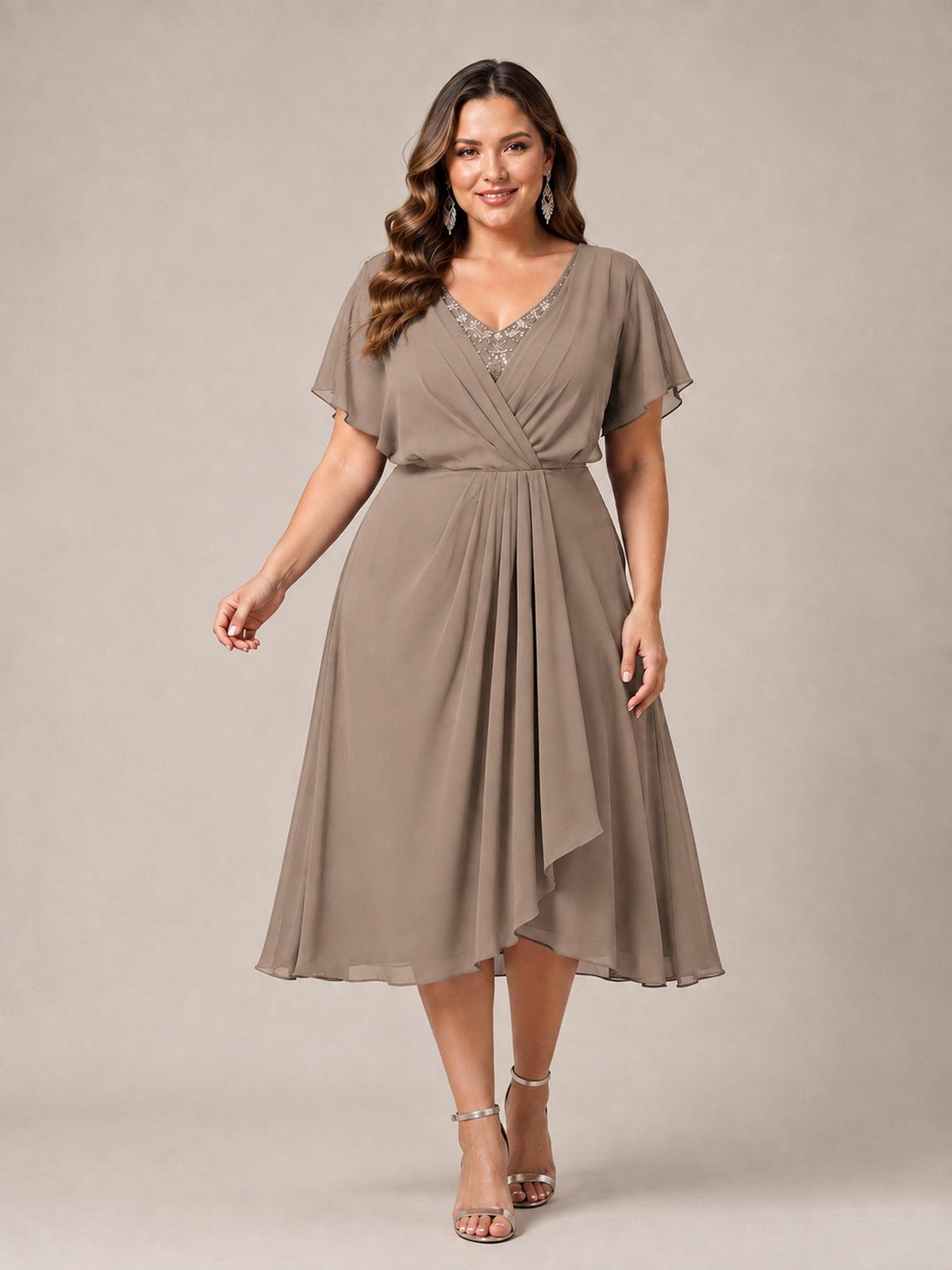 Navy Blue A-Line V-Neck Tea-Length Mother of the Bride Dress
