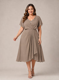 Navy Blue A-Line V-Neck Tea-Length Mother of the Bride Dress