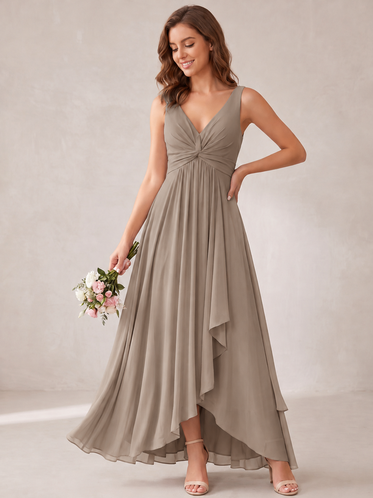V-Neck High-Low Chiffon Bridesmaid Dress with Ruffles
