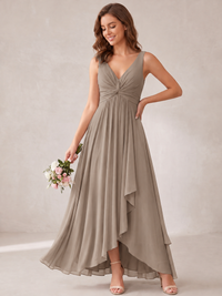 V-Neck High-Low Chiffon Bridesmaid Dress with Ruffles
