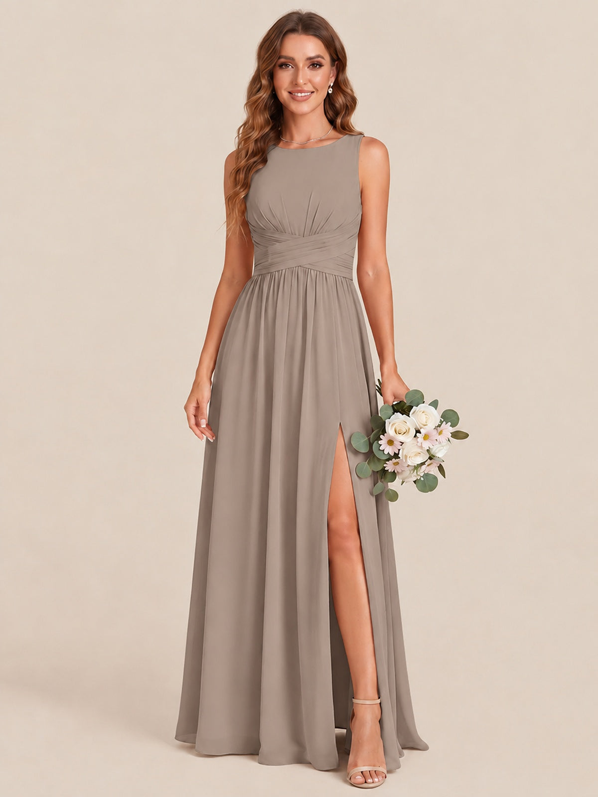 A-line Sleeveless Rucehd Chiffon Bridesmaid Dress with High Slit