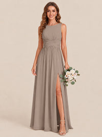 A-line Sleeveless Rucehd Chiffon Bridesmaid Dress with High Slit
