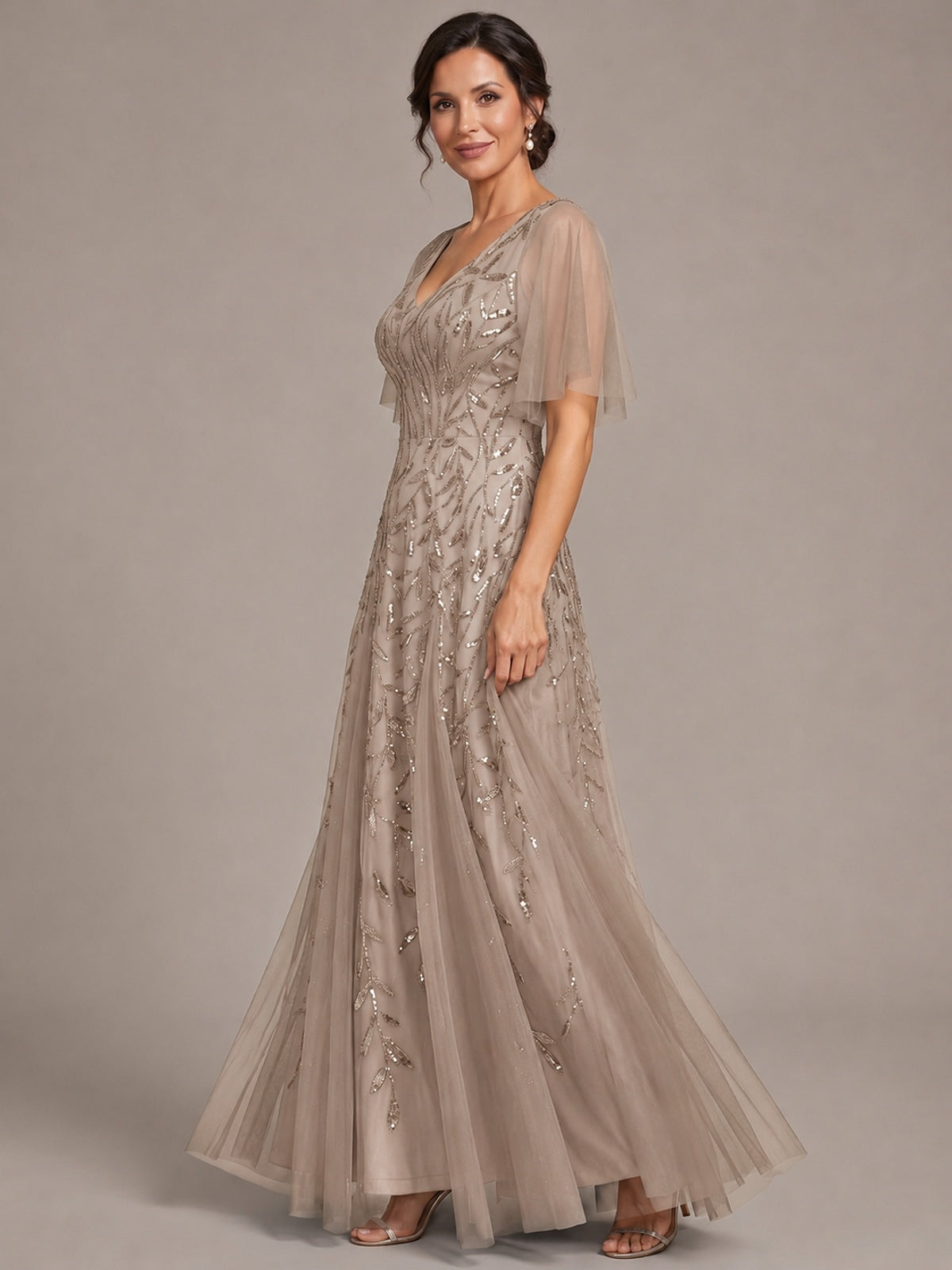 V-Neck Sequin Tulle Mother of the Bride Dress with Flutter Sleeve