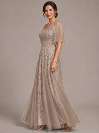 V-Neck Sequin Tulle Mother of the Bride Dress with Flutter Sleeve