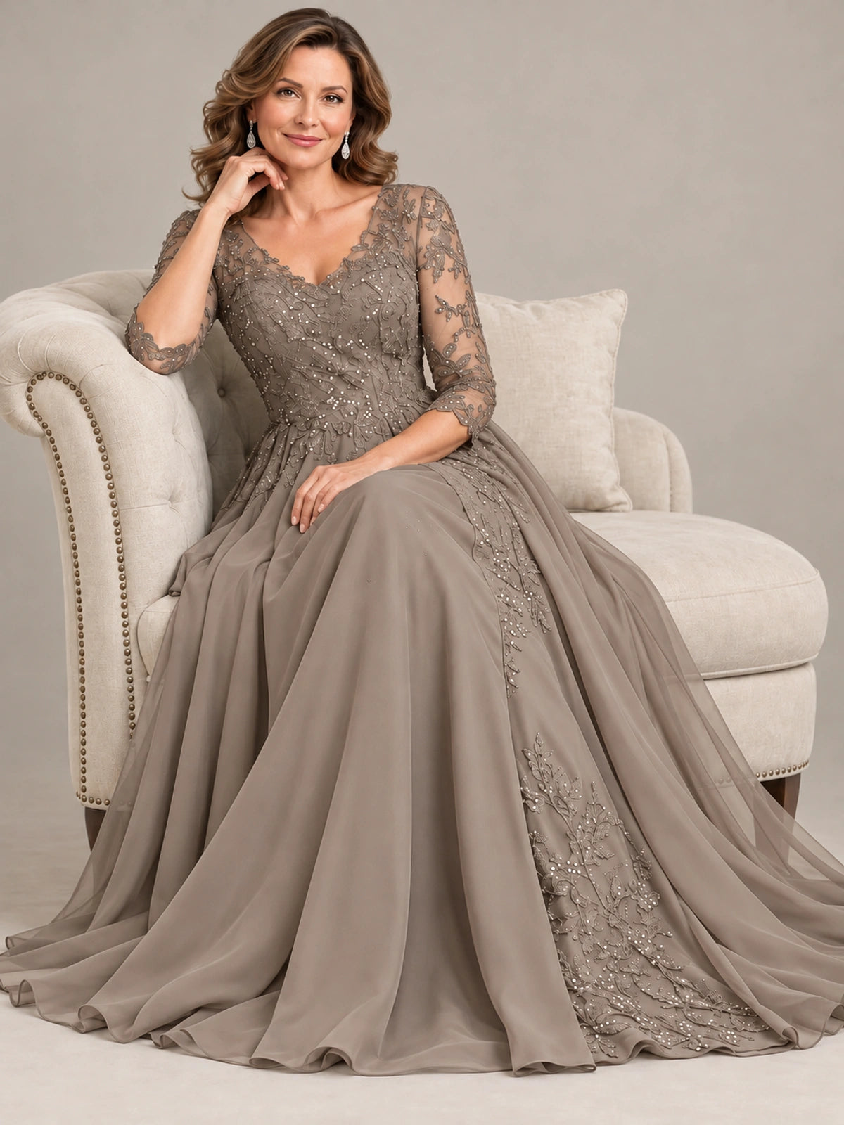 Sequin Lace A-Line Mother of the Bride Dress with 3/4 Sleeves