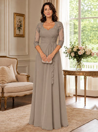 Chiffon Lace Applique Mother of the Bride Dress with 3/4 Sleeves