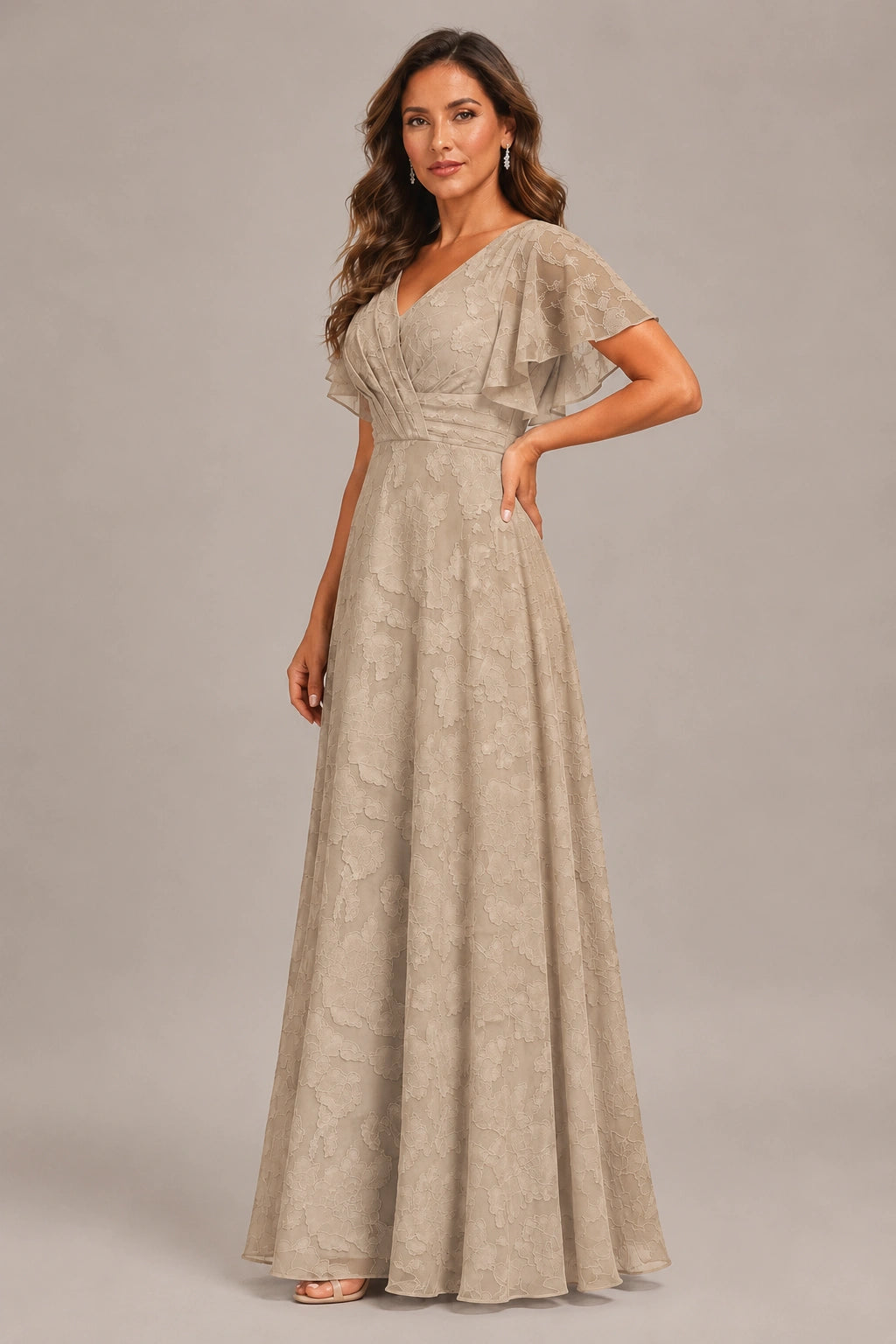 Jovellee Floral Chiffon A-Line Mother of the Bride Dress with Flutter Sleeves