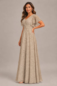 Jovellee Floral Chiffon A-Line Mother of the Bride Dress with Flutter Sleeves